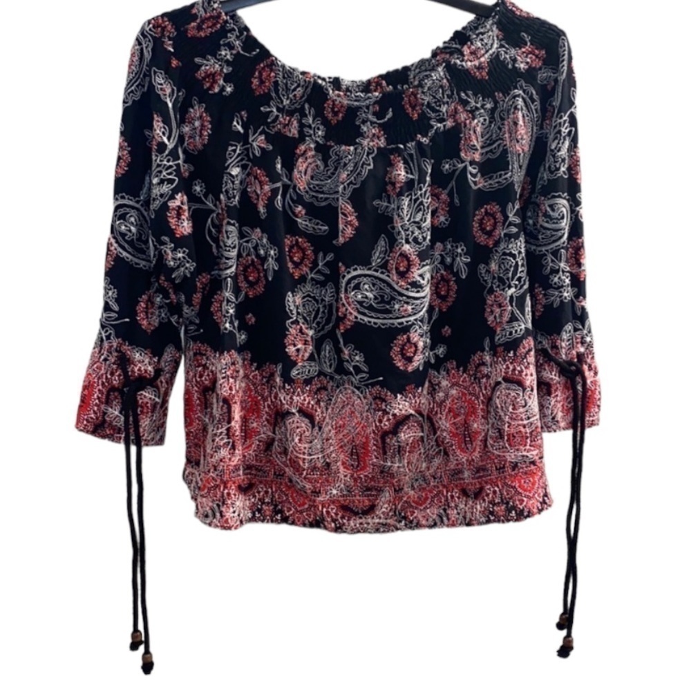 ZARA Boho Flowy Off the Shoulder Paisley Embroidered Blouse Top w/Wrist Ties XS